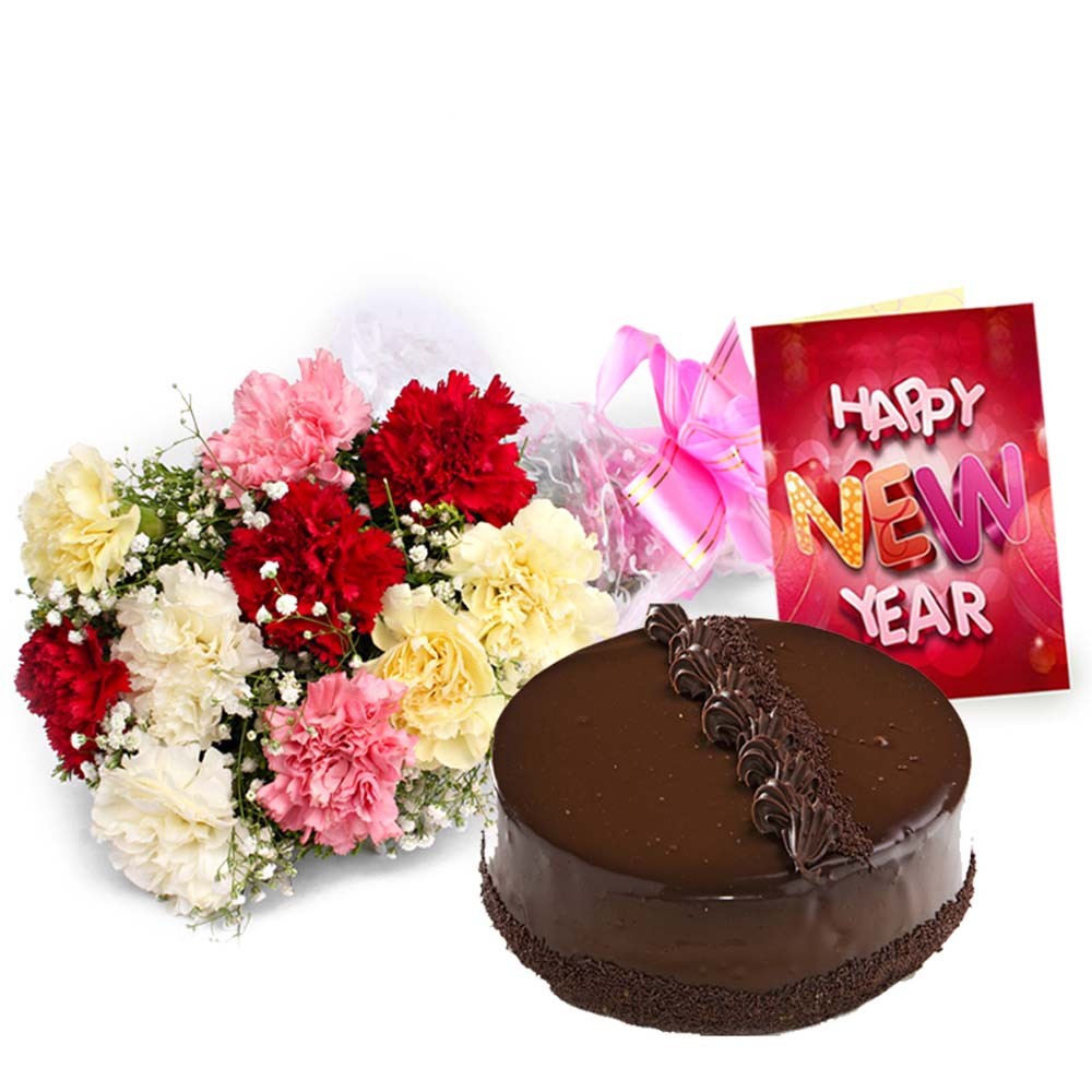 carnation-bouquet-with-truffle-chocolate-cake-and-new-year-card