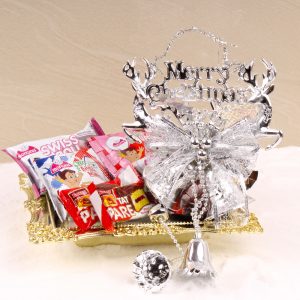 MERRY CHRISTMAS BELL WITH CAKES AND CHOCOLATE IN A TRAY