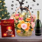 ROSES ARRANGEMENT WITH WINE AND CHRISTMAS CARD COMBO