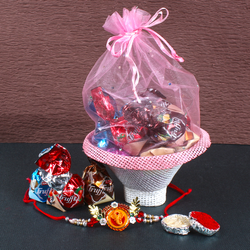 Ganesha Rakhi with Basket Pauch of Truffle Chocolates