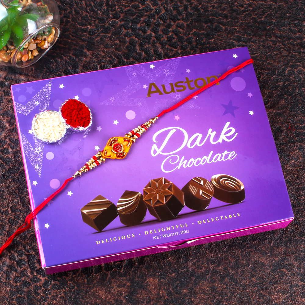 Om Rakhi and Auston Dark Chocolates Box