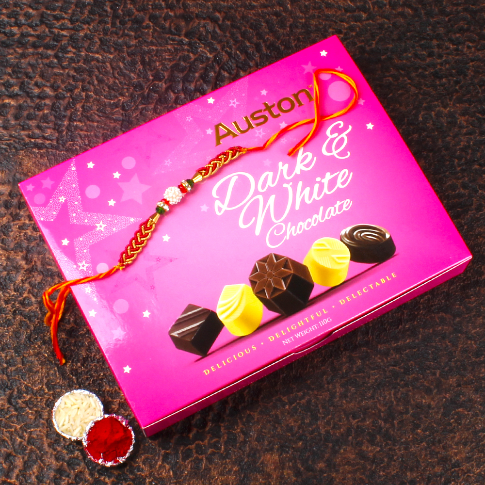 Rakhi with Yummy Auston Chocolates White and Dark Chocolates Box