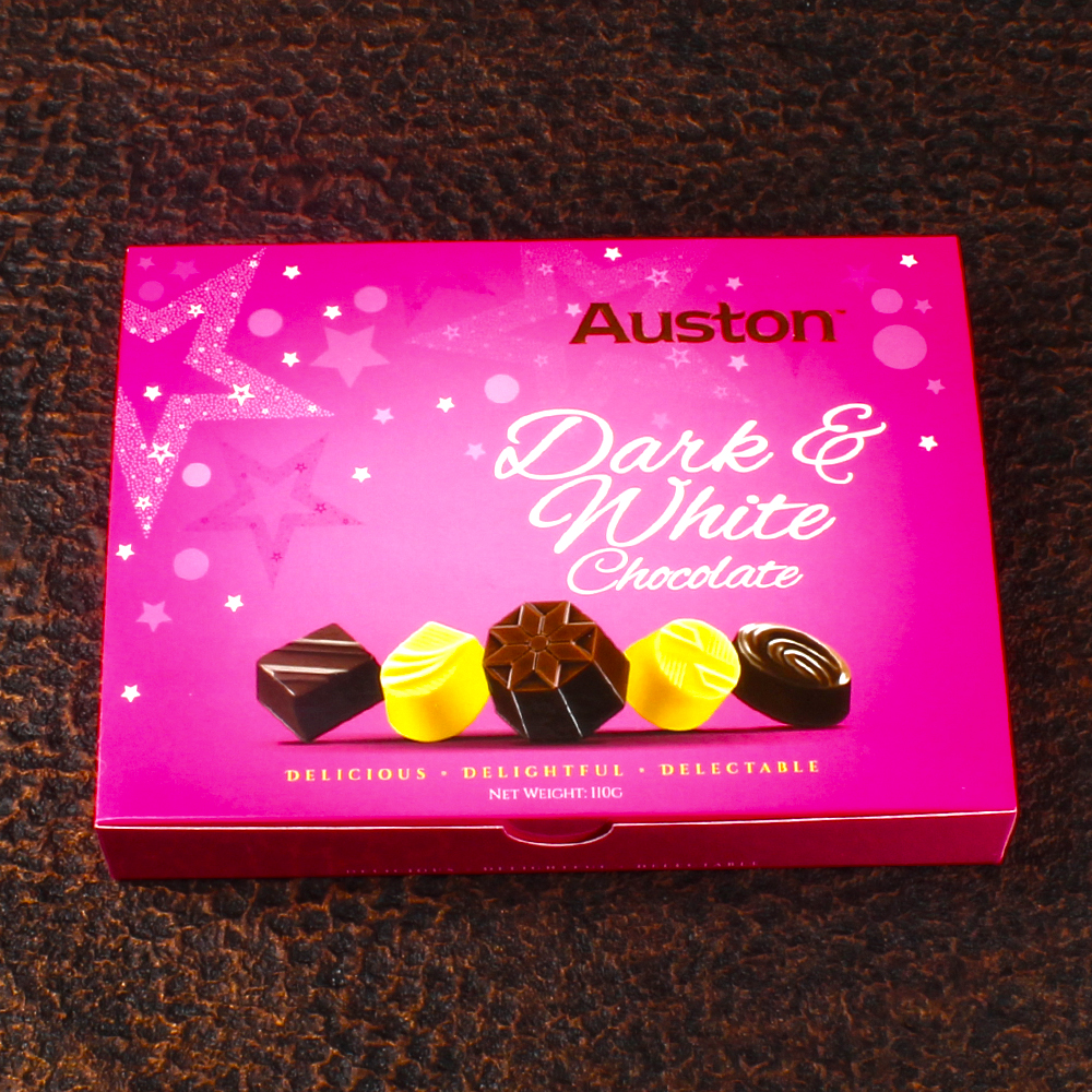 Rakhi with Yummy Auston Chocolates White and Dark Chocolates Box