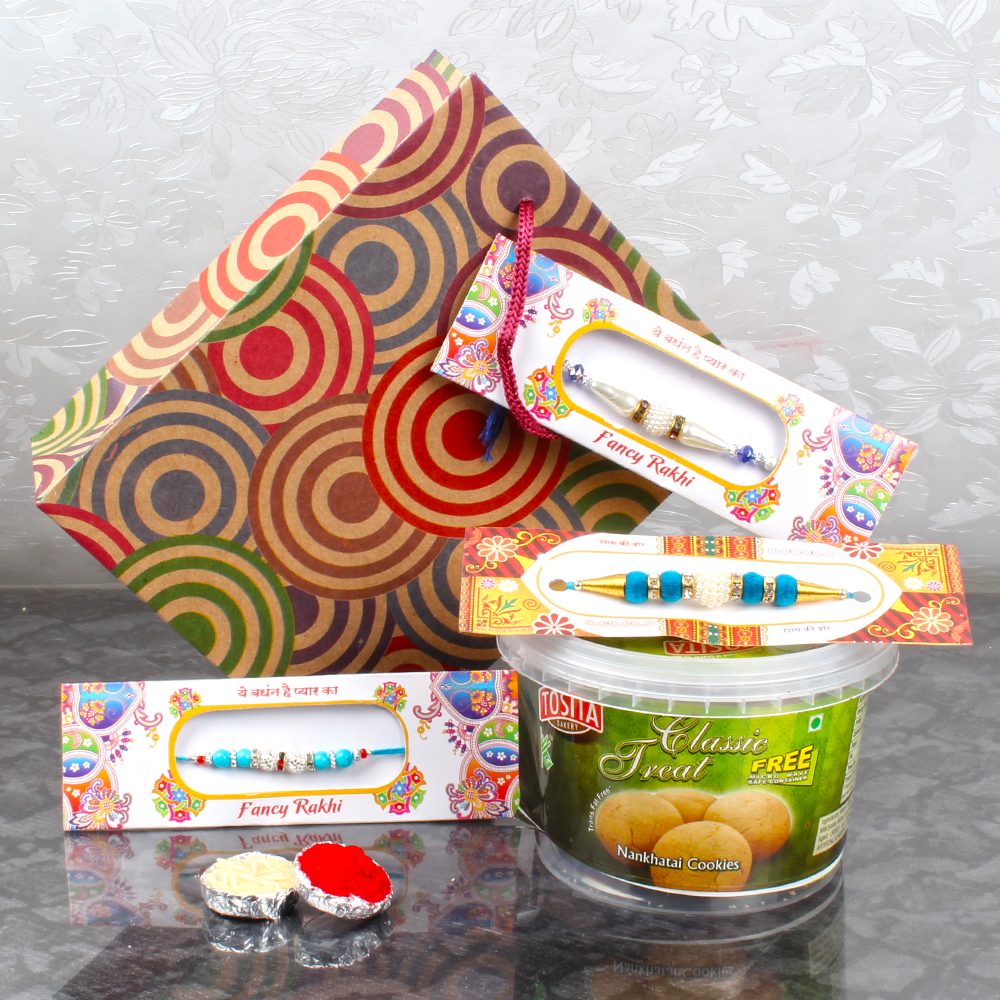 3 Rakhi and Cookies  Hamper