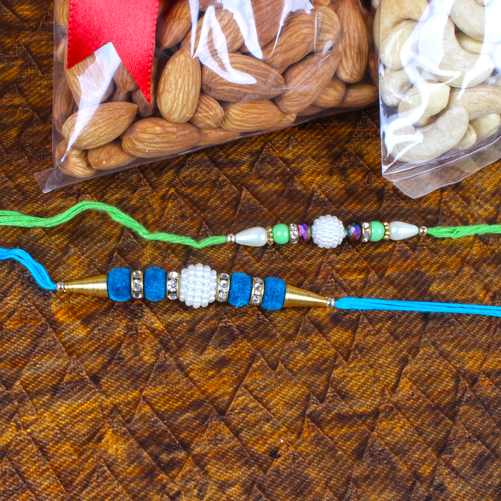 Pearl Beads Rakhi with Kaju and Badam Dry Fruits