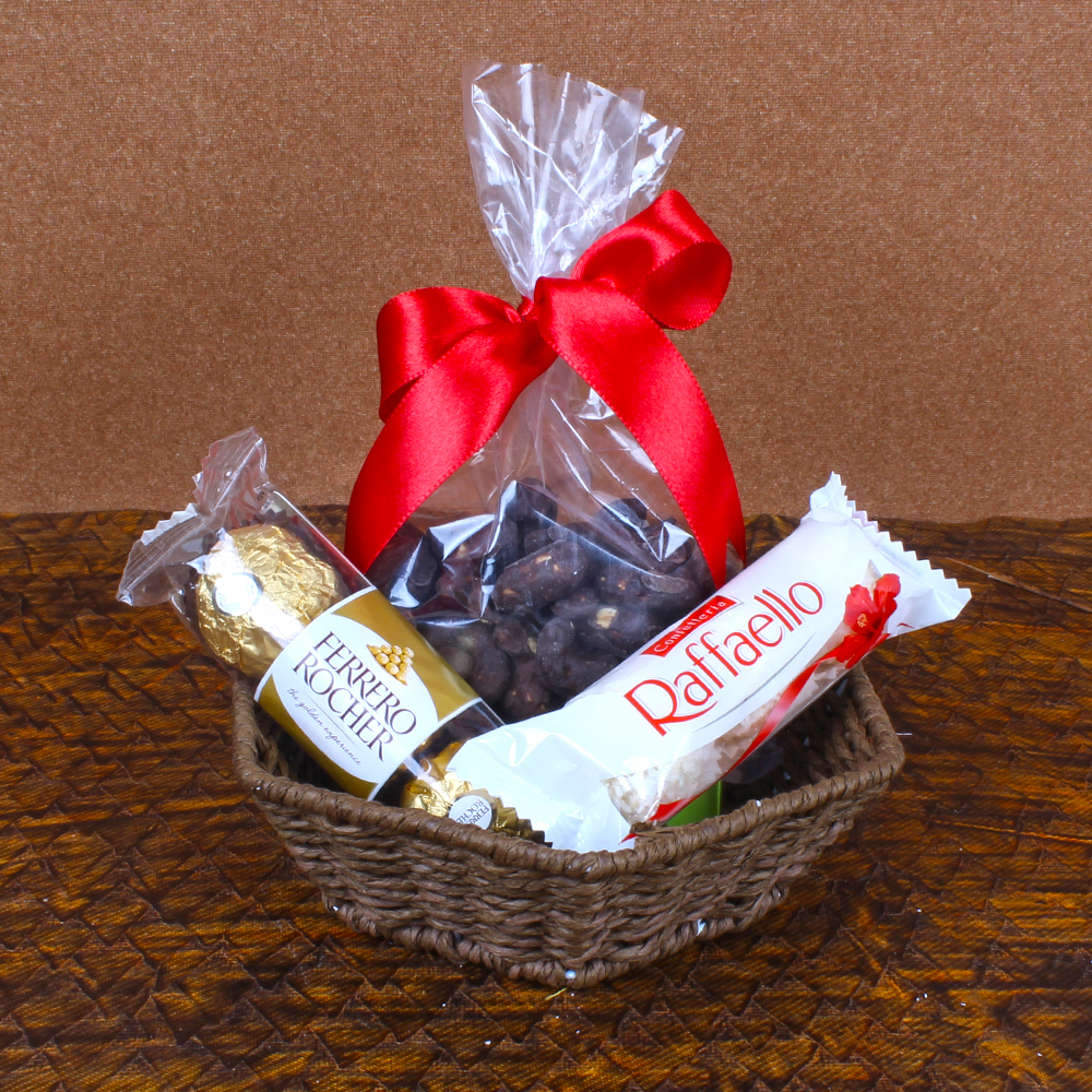 Rakhi Gift of Raffaello with Rocher Chocolates and Choco Cashew