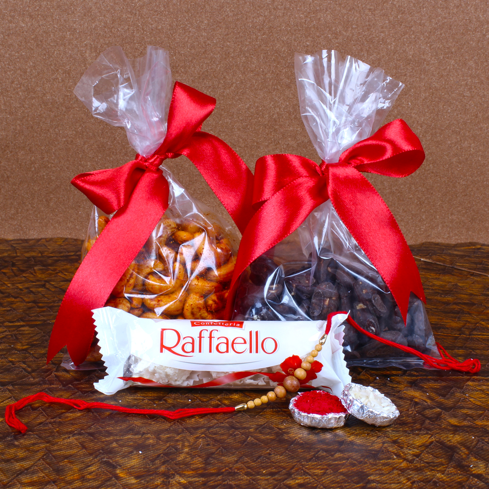 Wooden Rakhi with Raffaello and Dry Fruits