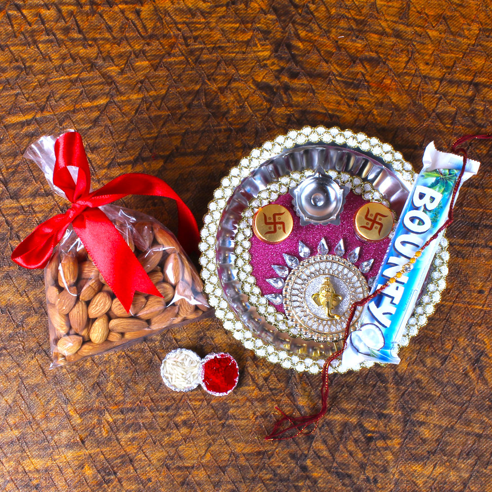 Designer Rakhi Thali with Bounty Chocolate and Almonds