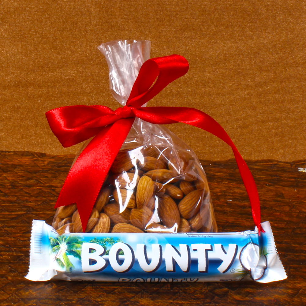 Designer Rakhi Thali with Bounty Chocolate and Almonds