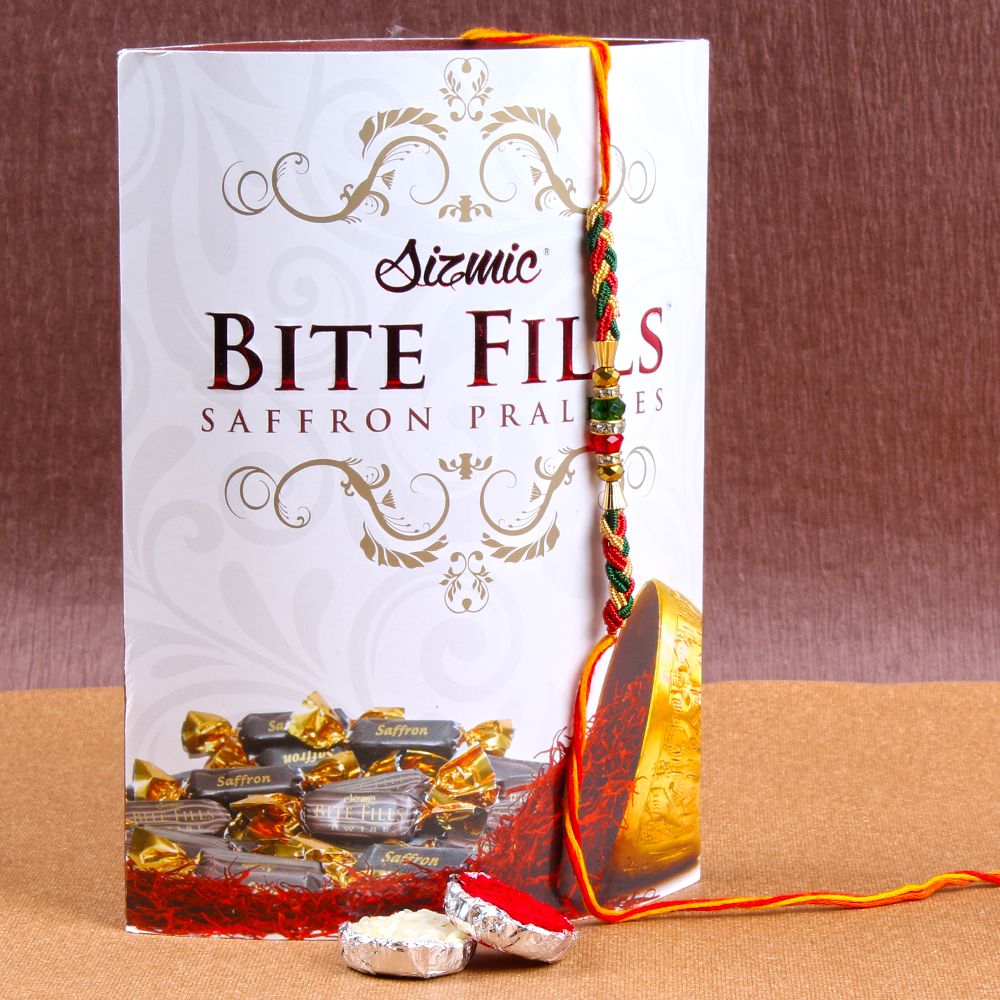 Rakhi with Sizmic Bite Fills Saffron Pralines Chocolates Box