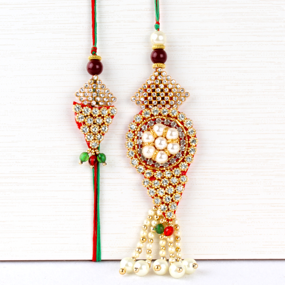 Bhaiya Bhabhi Rakhi of Pearl And Diamond Zali Work