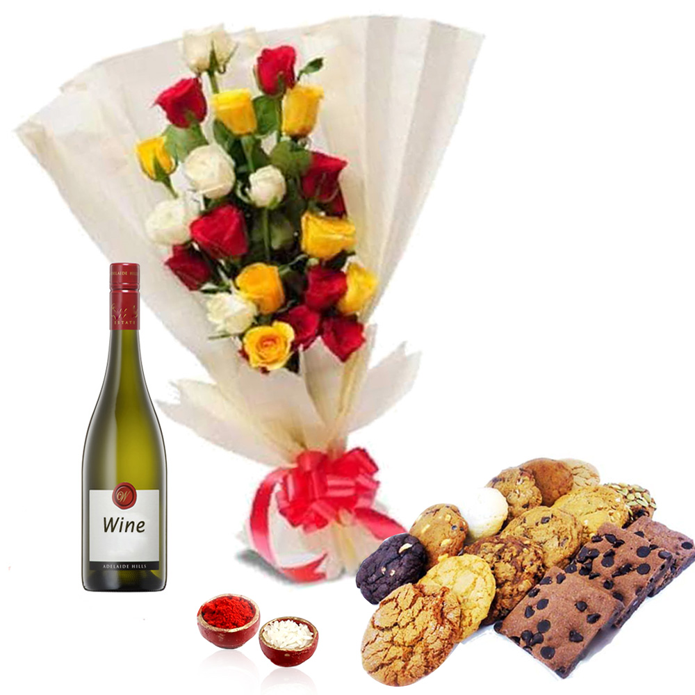 Bhai Dooj Mix Roses with Cookies and Wine