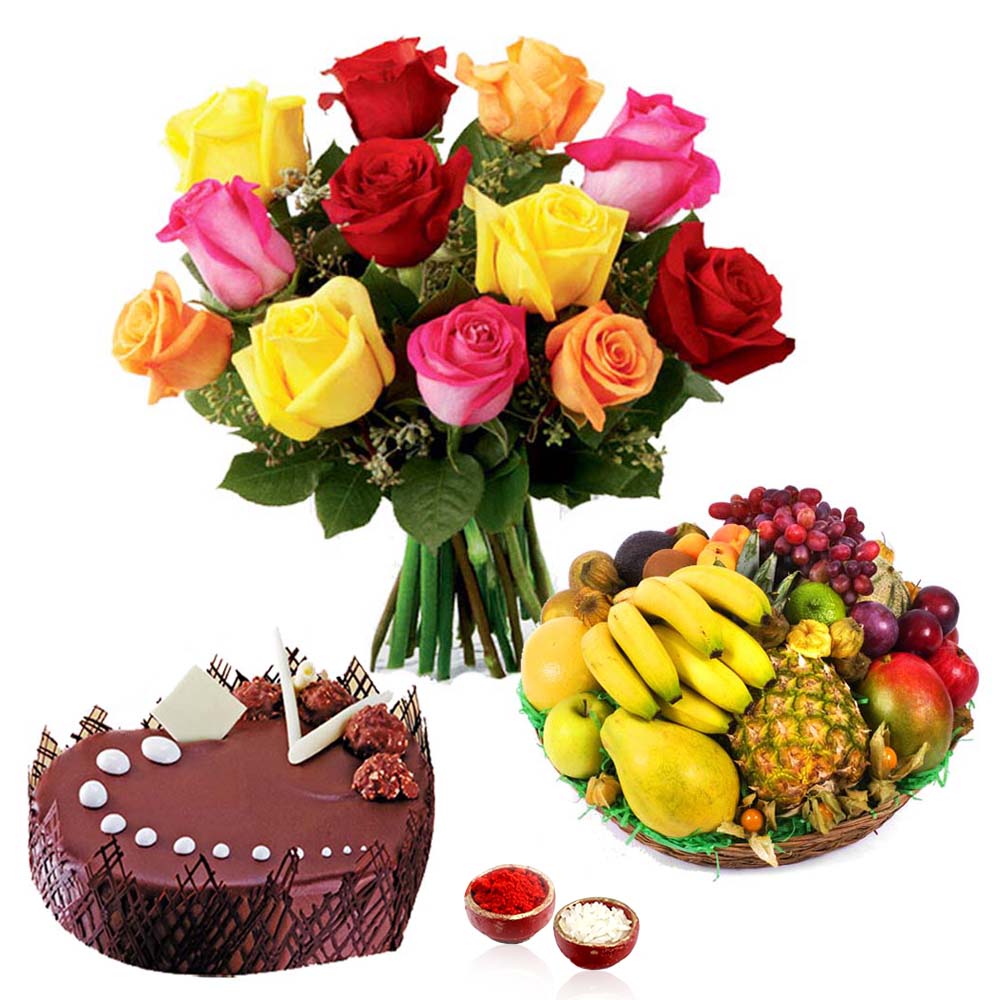 Mix Roses with Chocolate Cake and Fruits Bhai Dooj Combo