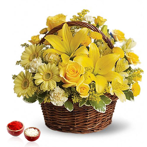 Yellow Sensation Flower Basket Arrangement for Bhai Dooj