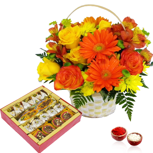 Bhai Dooj Basket Arrangement of Mix Flowers and Assorted Sweets