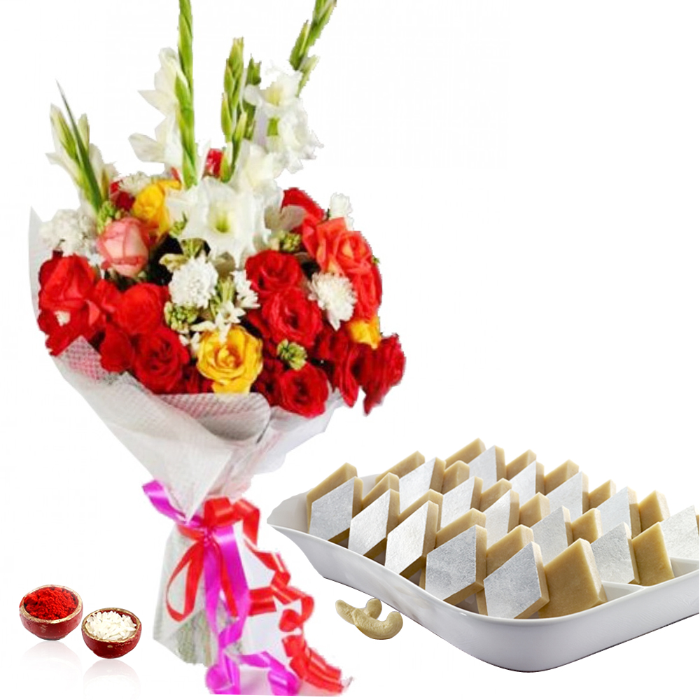 Lovely Roses and Glads Bouquet with Kaju Katli Sweets for Bhai Dooj