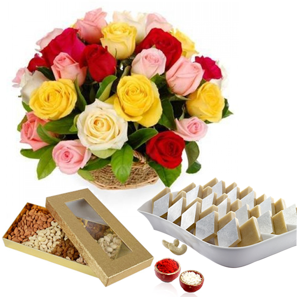 Bhai Dooj Beautiful Roses Arrangement with Kaju Katli and Dry Fuits.