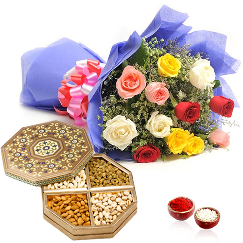Roses Bouquet with Dry Fruits Box for Bhai Dooj