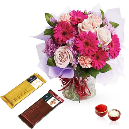 Bhai Dooj Hamper of Mix Flowers in a Vase with Temptation Chocolate