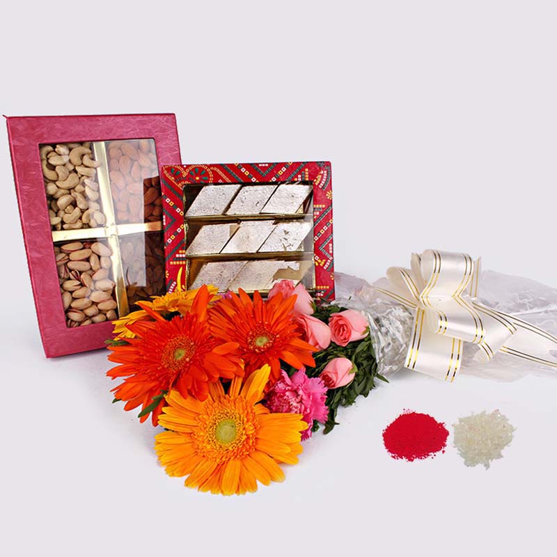 Mix Flowers Bouquet with Kaju Katli and Dry Fruits in a Box Bhaidooj Combo