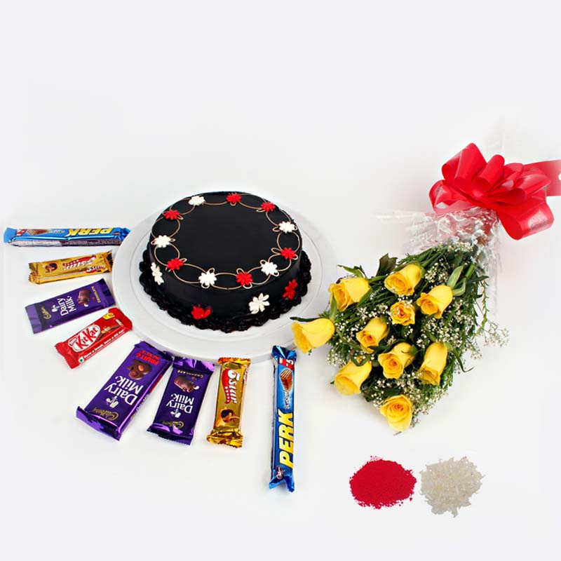 Bhaidooj Hamper of Yellow Roses with Chocolate Cake and Assorted Indian Chocolates