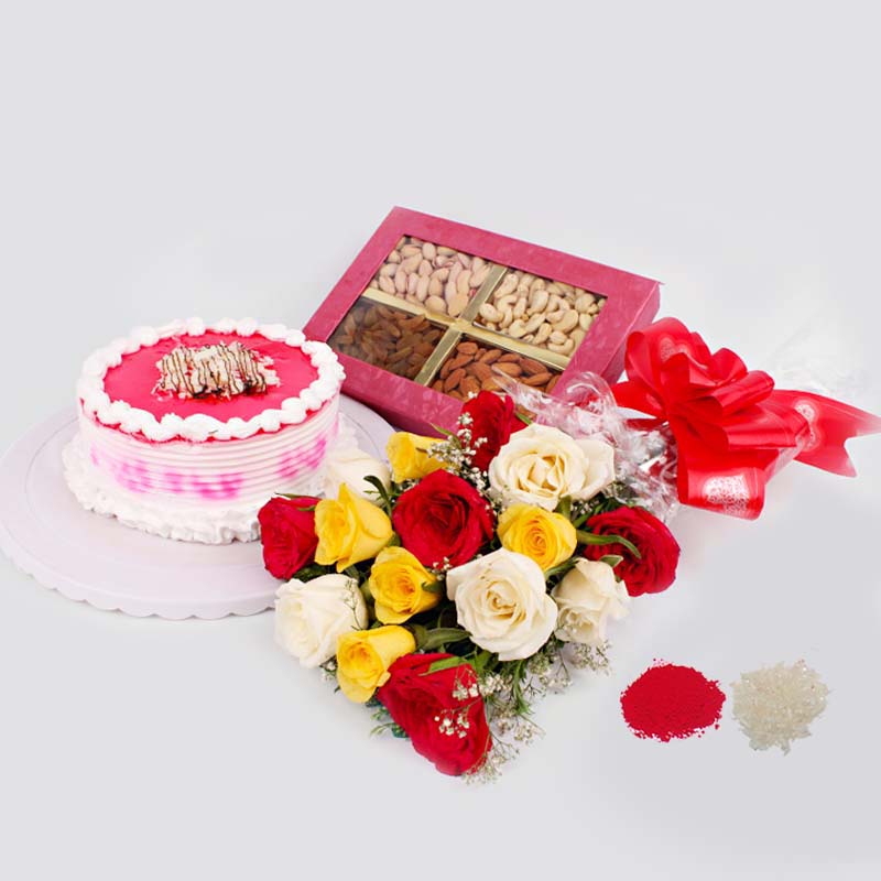 Trio Roses Bouquet with Eggless Strawberry Cake and Dry Fruit For Bhai