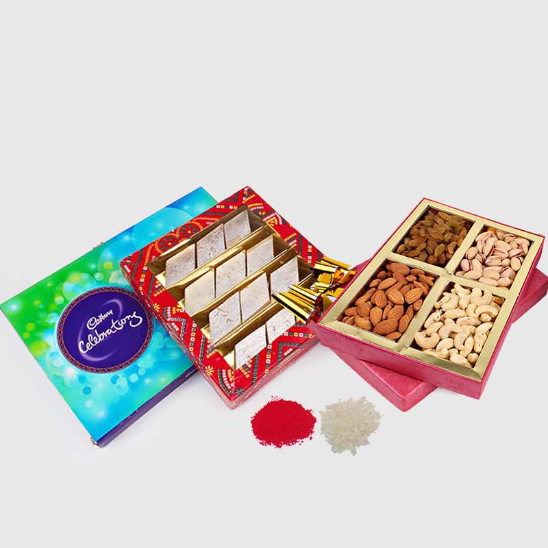 Bhai Dooj Special Manifold Dry Fruits with Kaju Katli and Cadbury Celebration Chocolate in Box