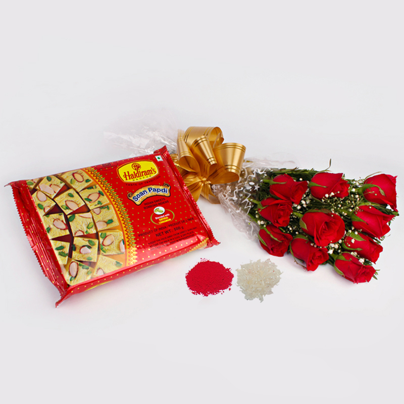 10 Red Roses Bouquet with Soan Papdi for Bhai Dooj Gift