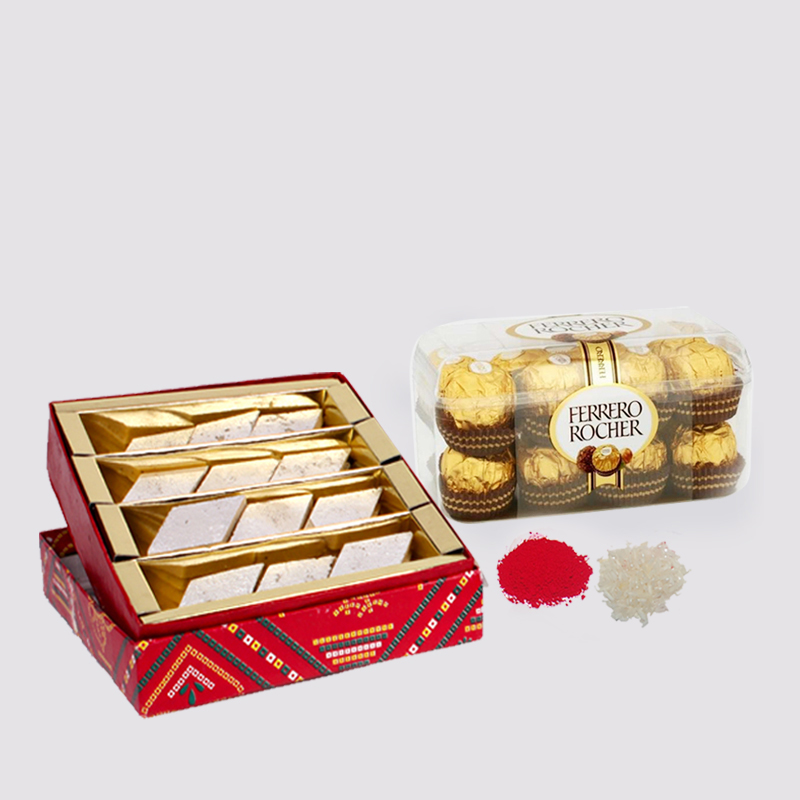 Kaju Katli Sweets with Ferrero Rocher Chocolate for Bhaidooj