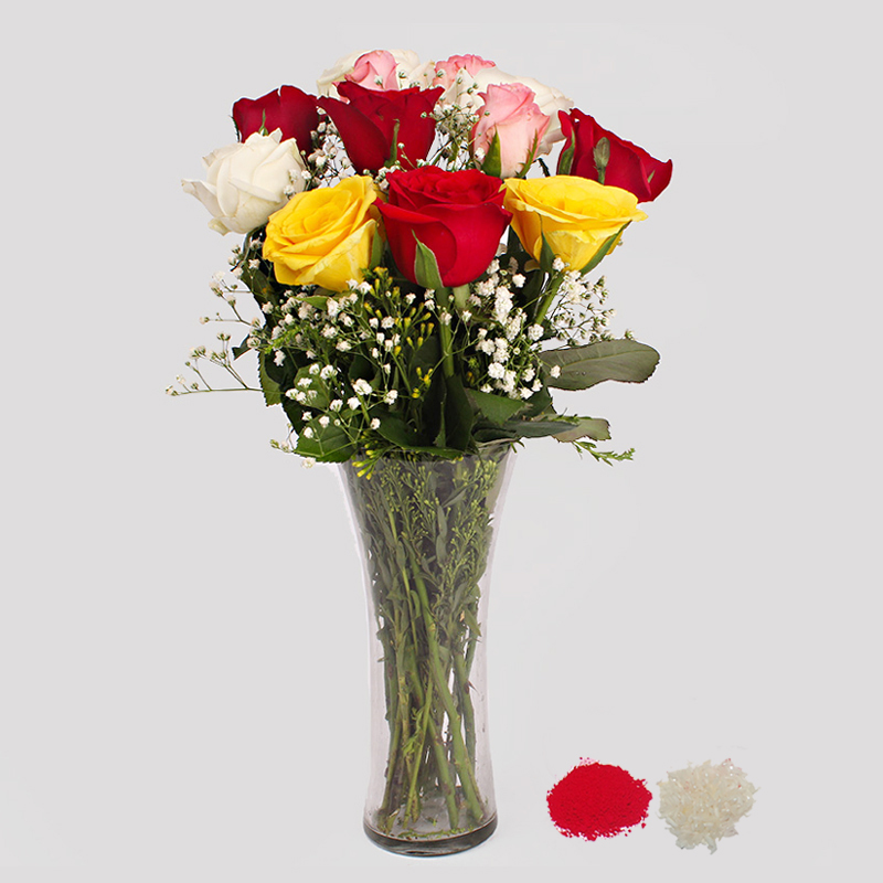 Bhaidooj Special Multi Color Roses in a Glass Vase