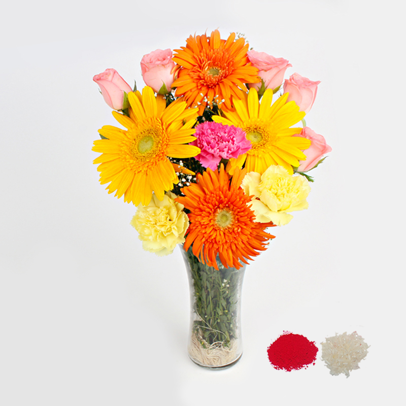 Mix Flowers in a Glass Vase for Bhaidooj Gift