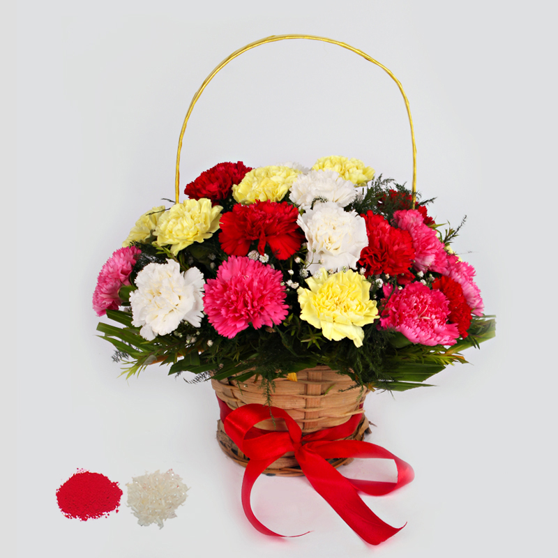 Mix Carnations in a Basket Arrangement for Bhai Dooj