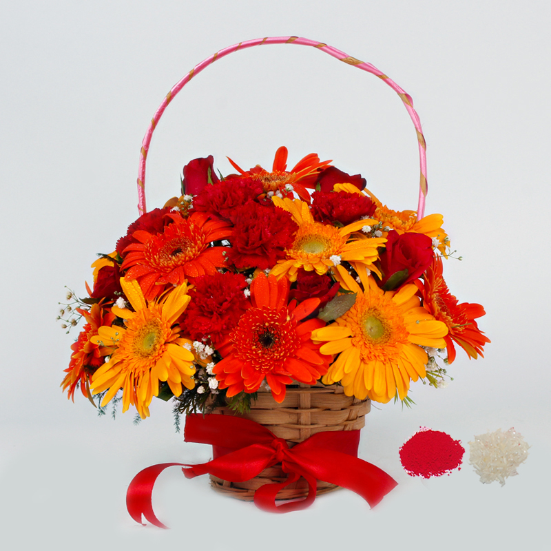 Blazing Flowers Basket Arrangement for Bhai Dooj