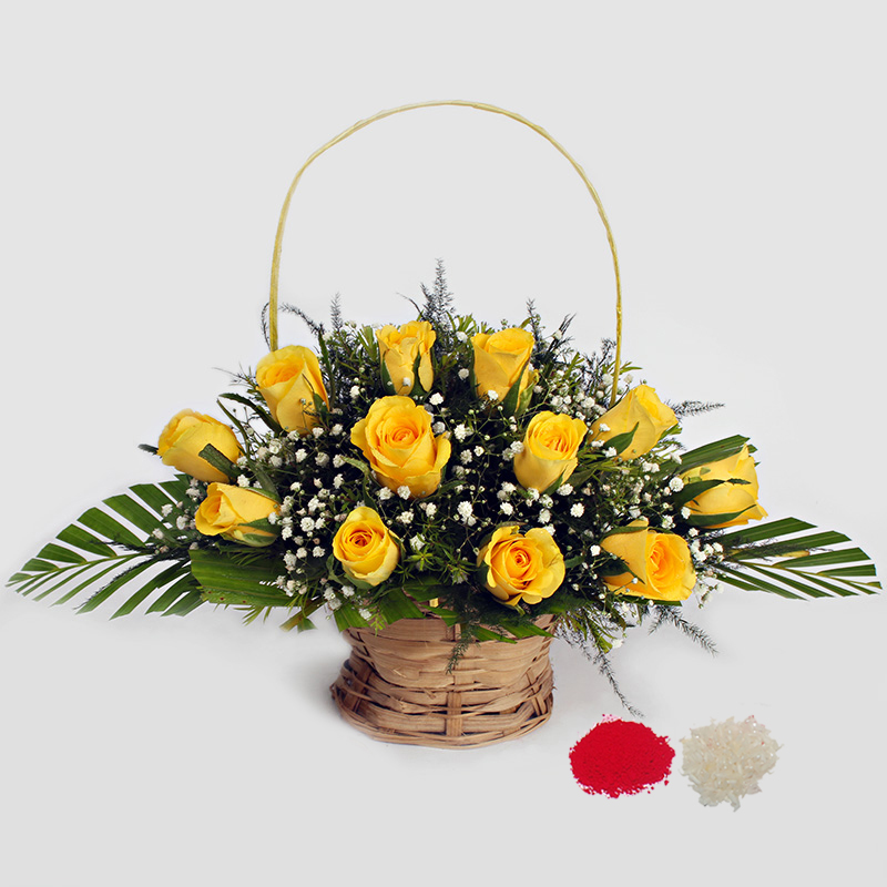 12 Yellow Roses Basket Arrangement for Bhaidooj