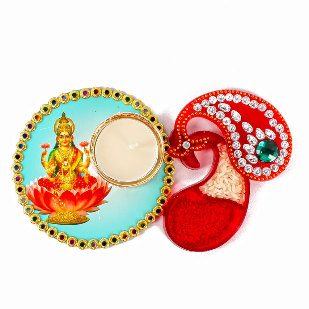 Goddess Lakshmi Colorful Printed Diya with Kumkum Tikka Container for Bhai Dhooj