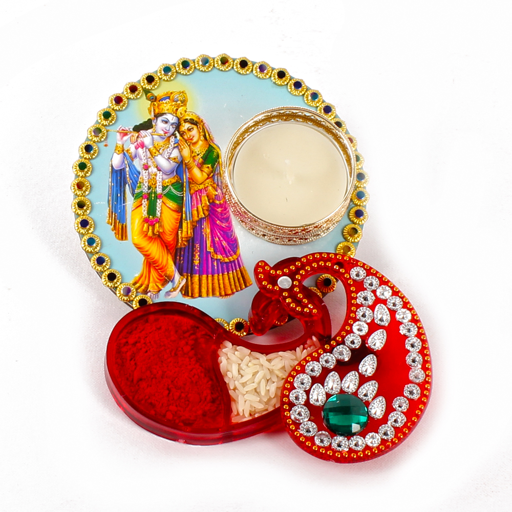 Radha Krishna Colorful Printed Diya with Kumkum Tikka Container for Bhai Dhooj