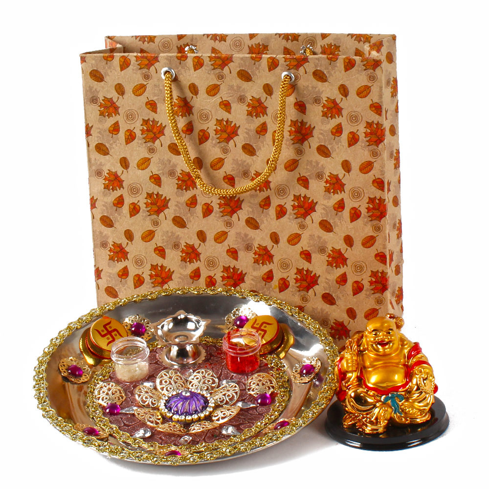 Golden Laxmi Ganesh Pooja Thali Set 25 cm (6 Pcs Set) with Beautiful Gift  Box Packing and with Carry Bag Occasional Gift, Pooja Thali Decorative,  Gift and Diwali Gift Items : Amazon.in:
