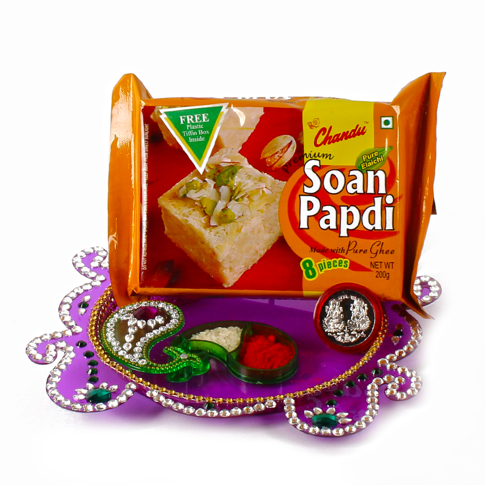 Acrylic Thali and Silver Coin with Soan papdi for Bhaidooj