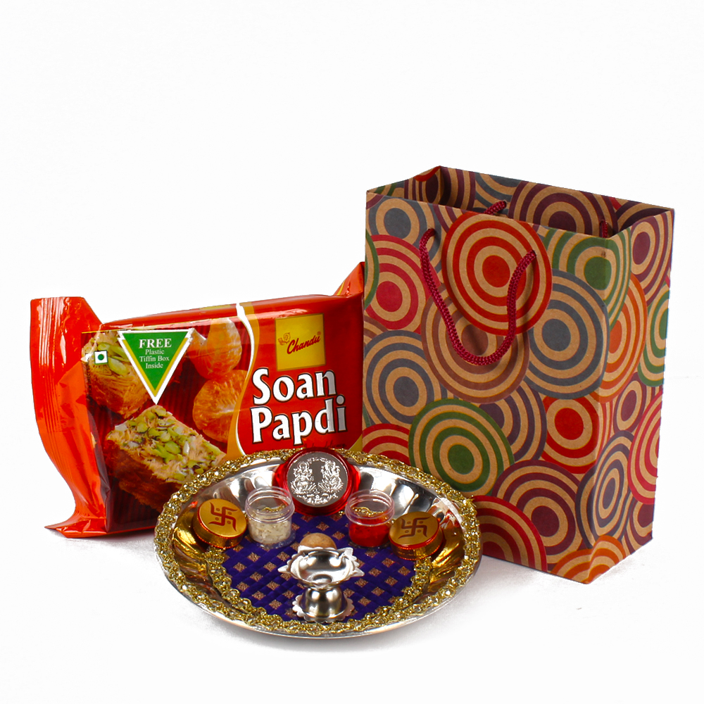 Deaiger Thali and Silver Coin with Soan papdi for Bhaidooj