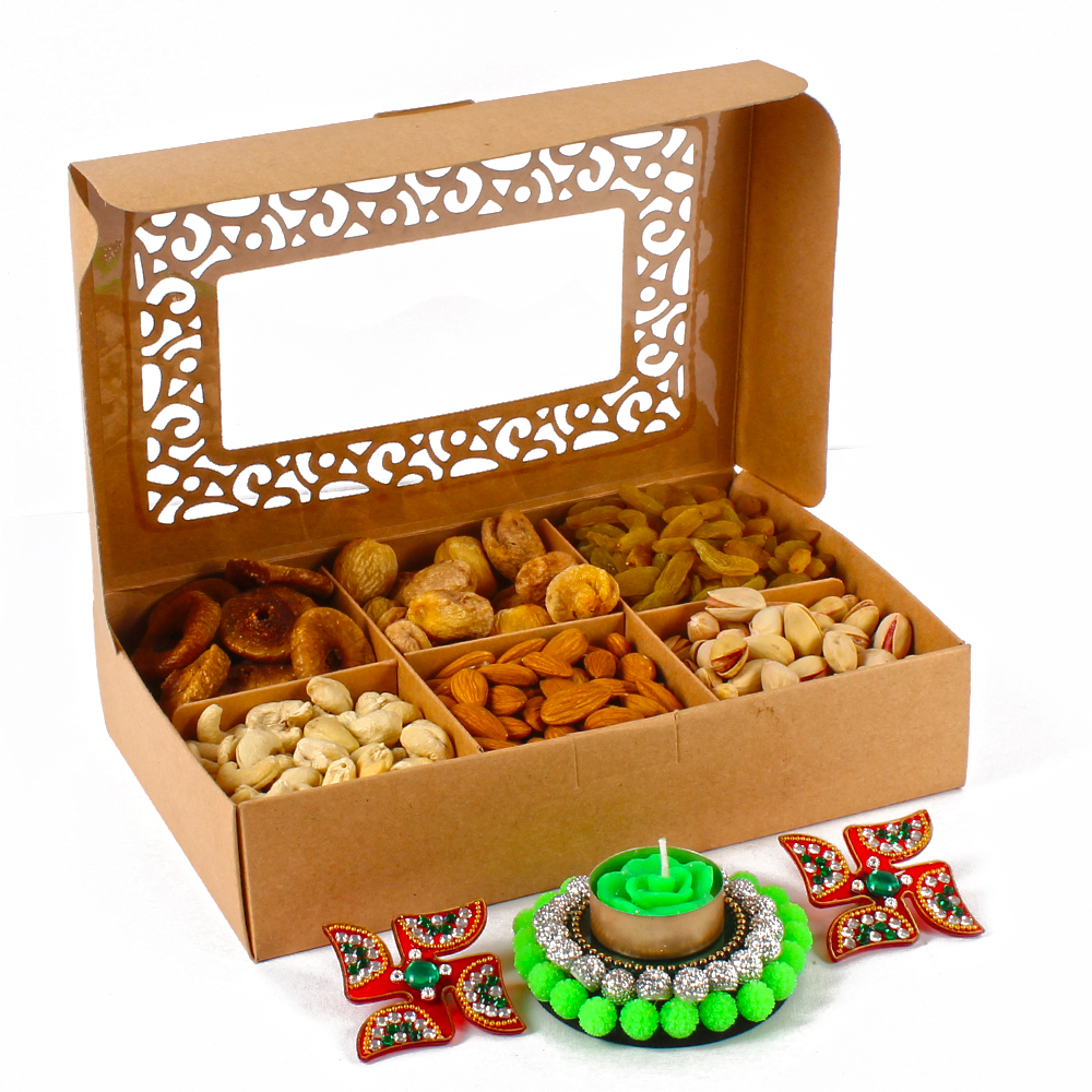 Assorted Dryfruit with Floating Diya And Shubh Swastika