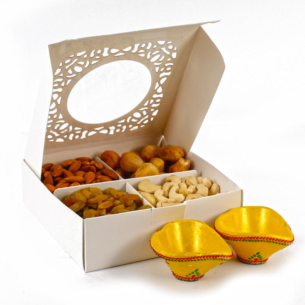 Assorted Dryfruit with Two Earthen Diyas