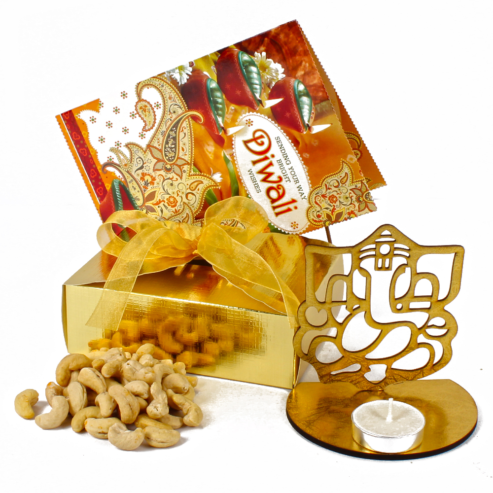Diwali Card and Cashew Box with Shadow Diya Tealight Candle Holder of Removable Ganesha