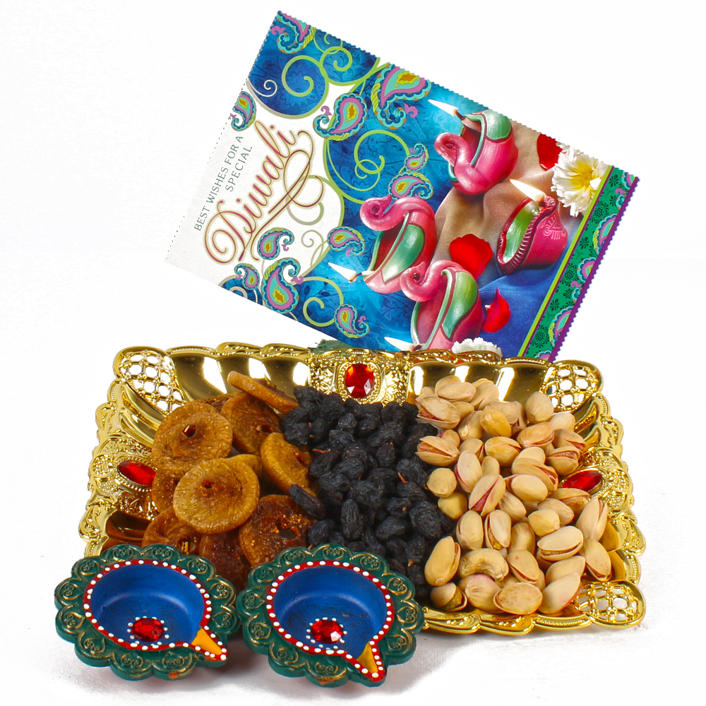 Diwali Diya and Greeting Card with Exotic Dryfruit Tray