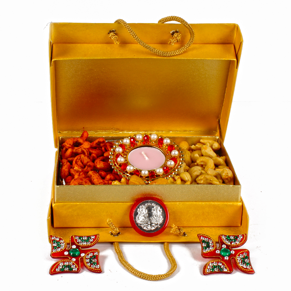 Diwali Diya and Swastika with Silver Plated Lakshmi Ganesha Coin Included Mix Flavour Cashew Gift Box