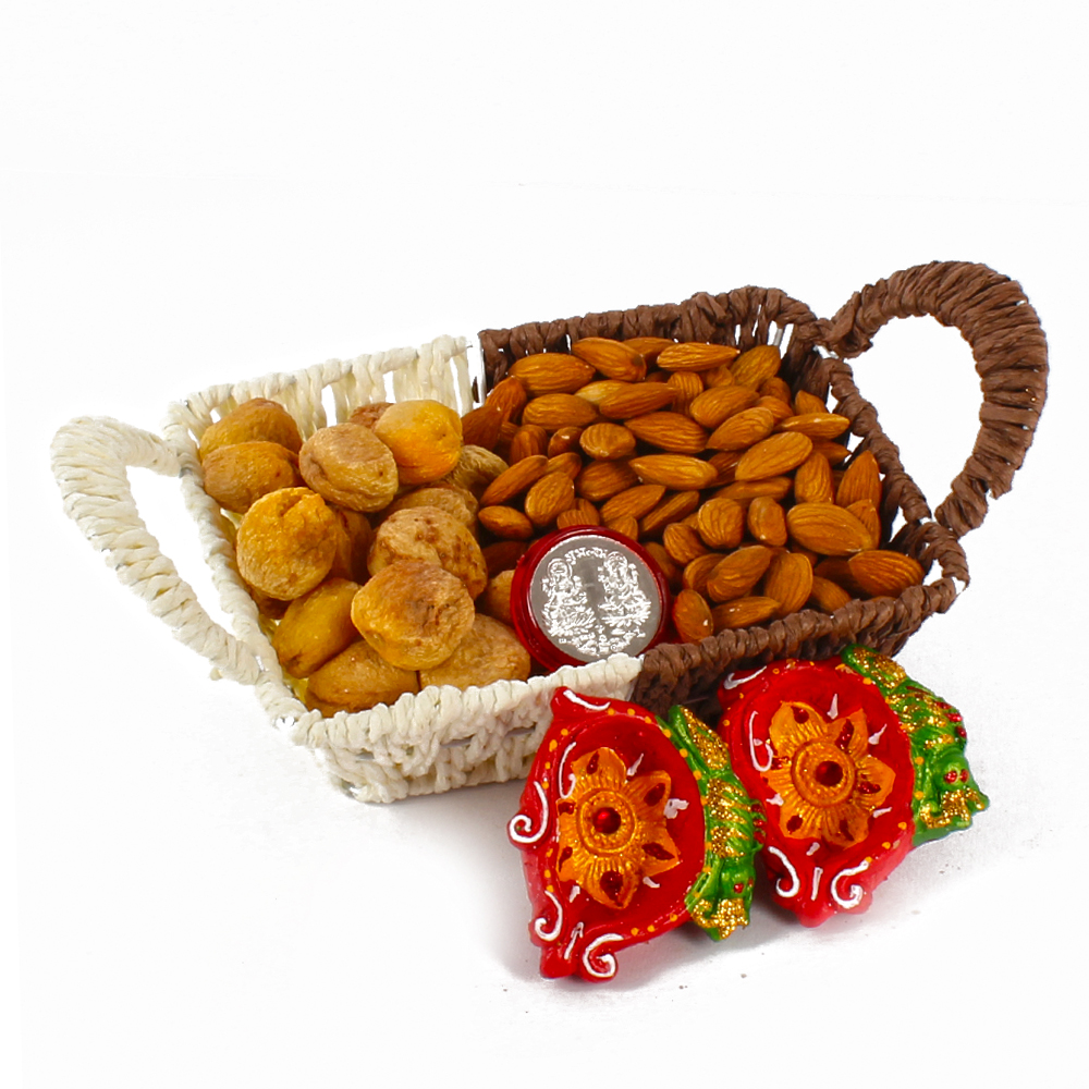 Almond and Dry Apricot In Basket with Earthen Diya Included Silver Plated Lakshmi Ganesha Coin