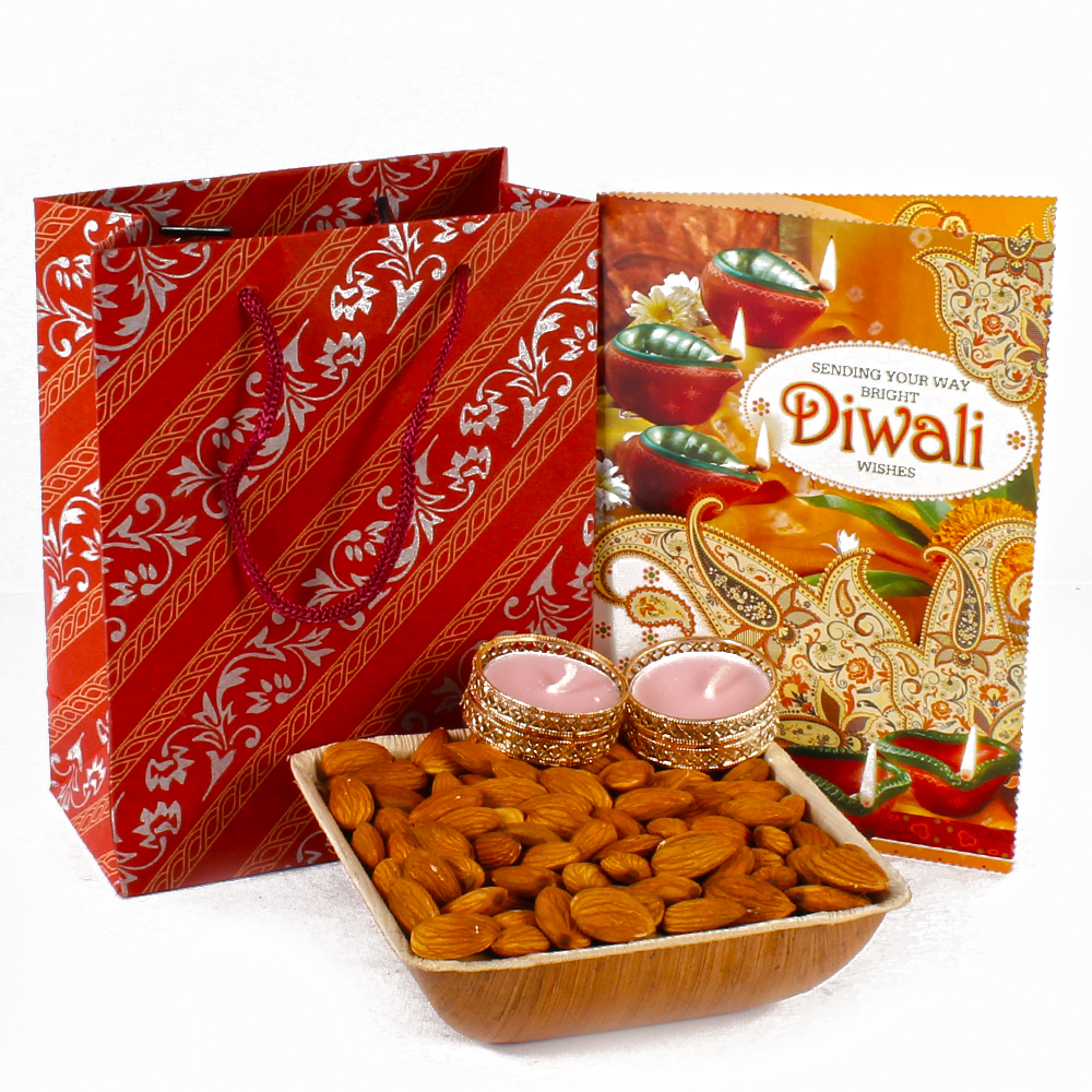 Diwali Gift Bag of Almonds Bowl with Diwali Greeting Card and 2 Diyas