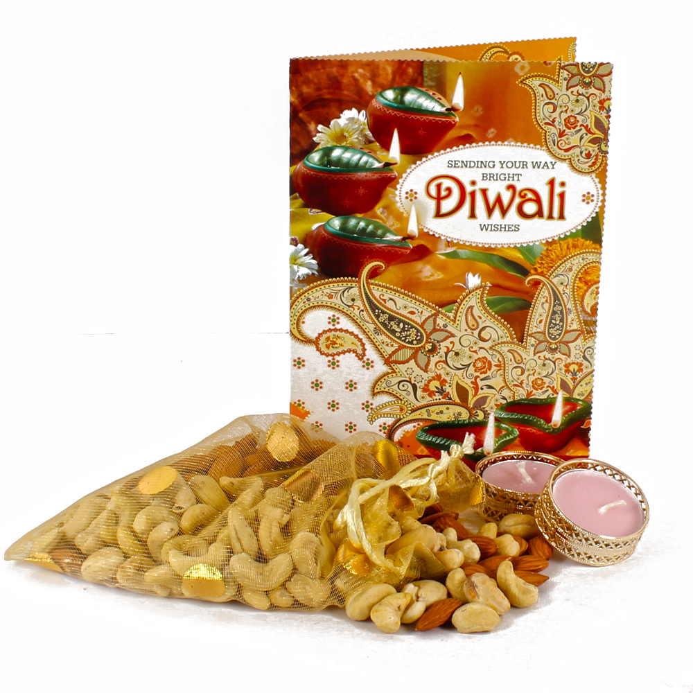 Diwali Diya with Greeting Card and Kaju Badam Pouch