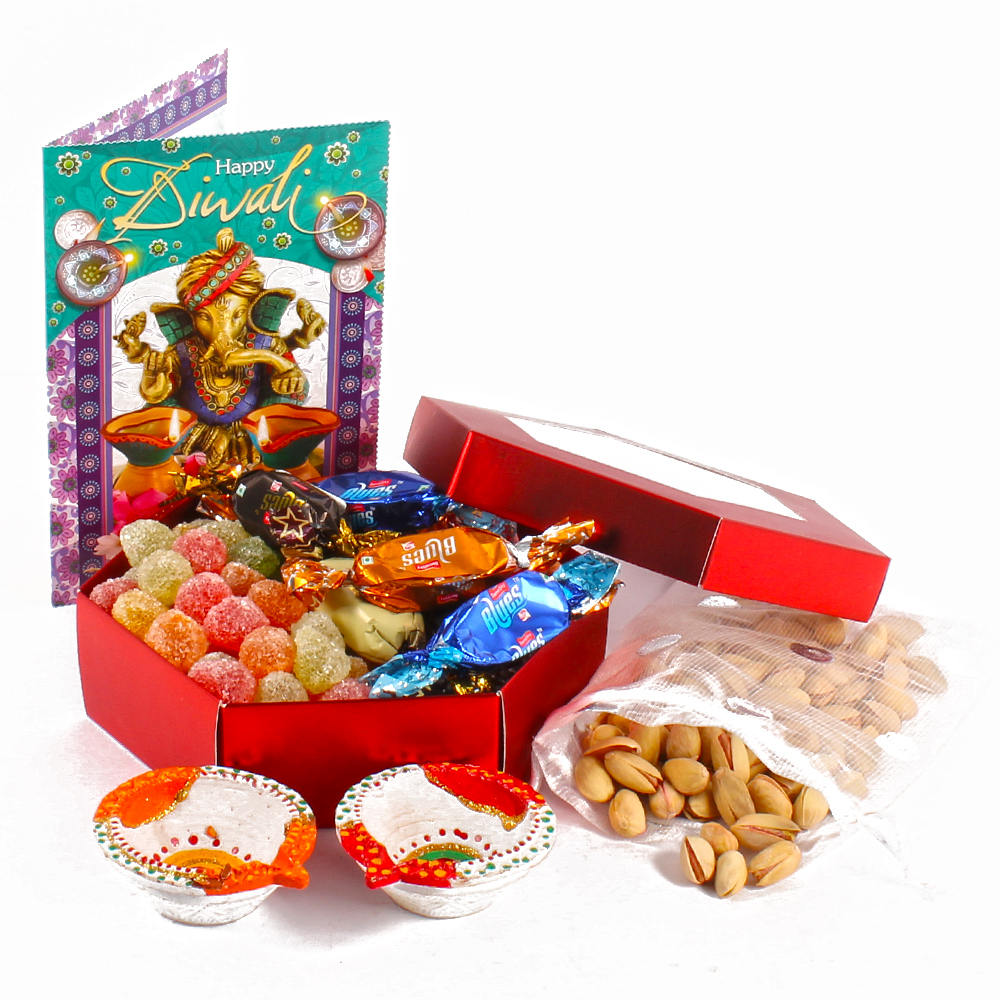 Diwali Bandhani Diyas Greeting Card Hamper Included Sugar Jelly Candy with Blues Chocolate And Pistachio Nuts