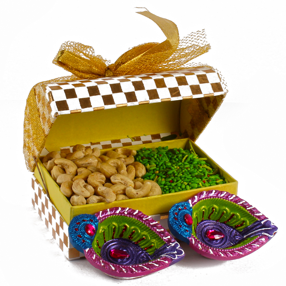 Diwali Green Mouth Freshener with Cashew Gift and Earthen Diya Set