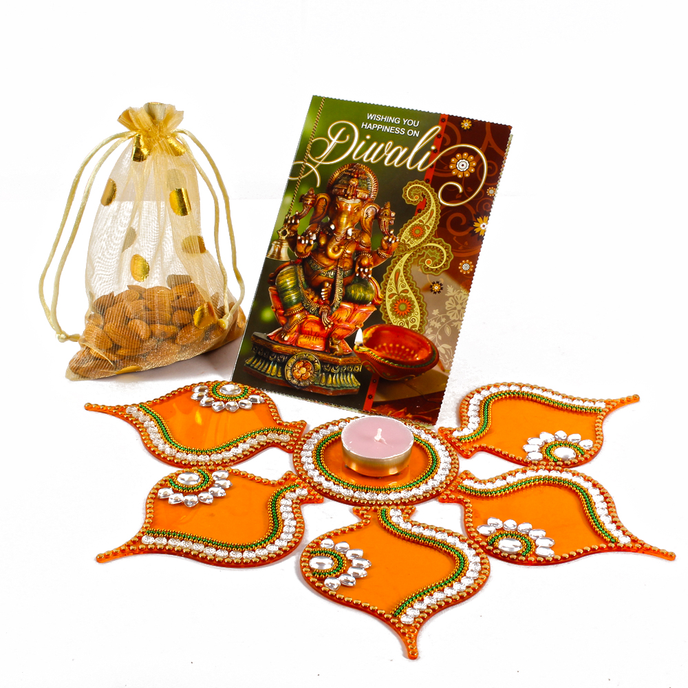 Diwali Almond Treat with Acrylic Big Rangoli and Greeting Card
